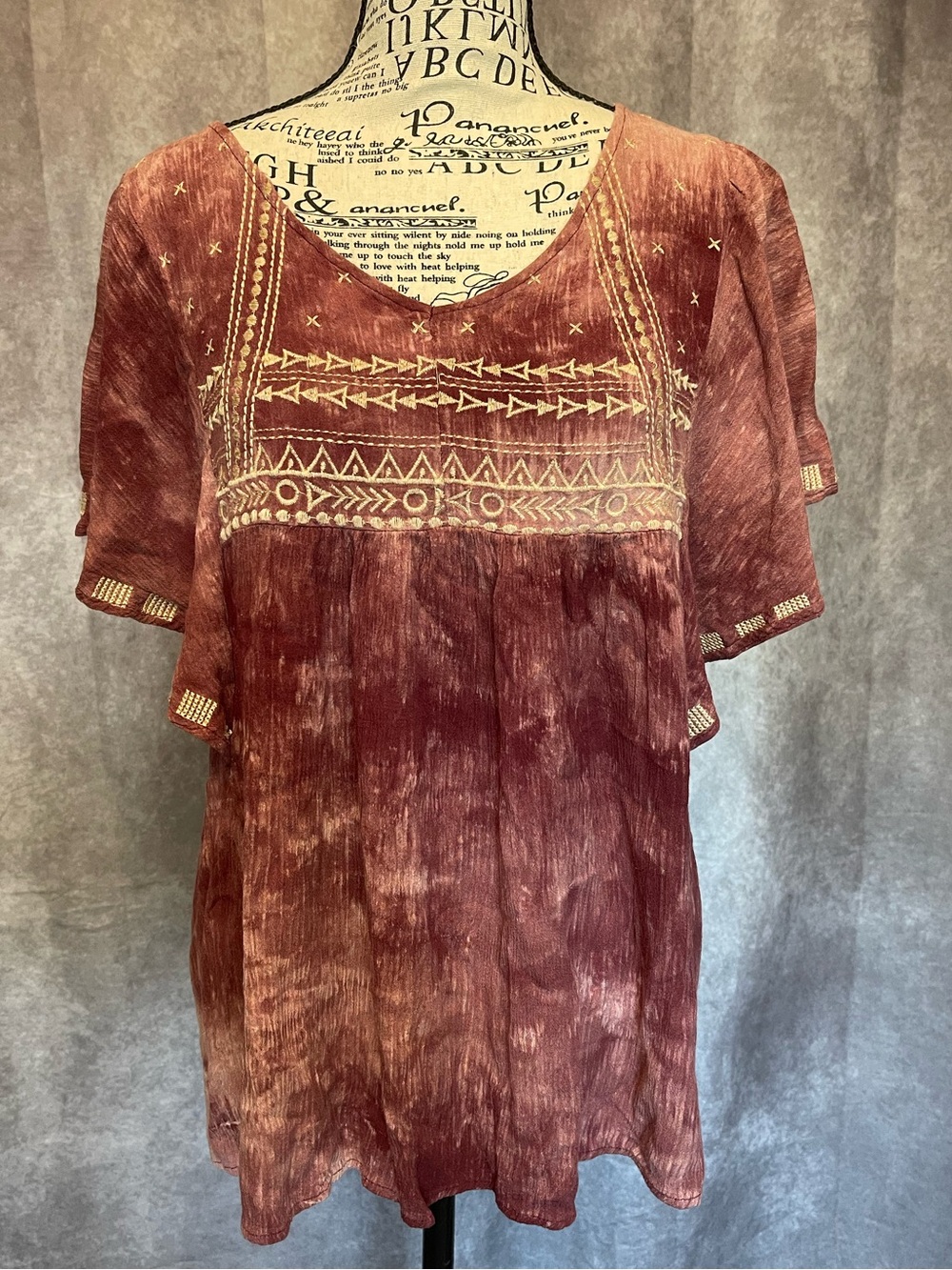 Bungee Boho Embroidered Short Sleeve Top - Burgundy Hues Medium